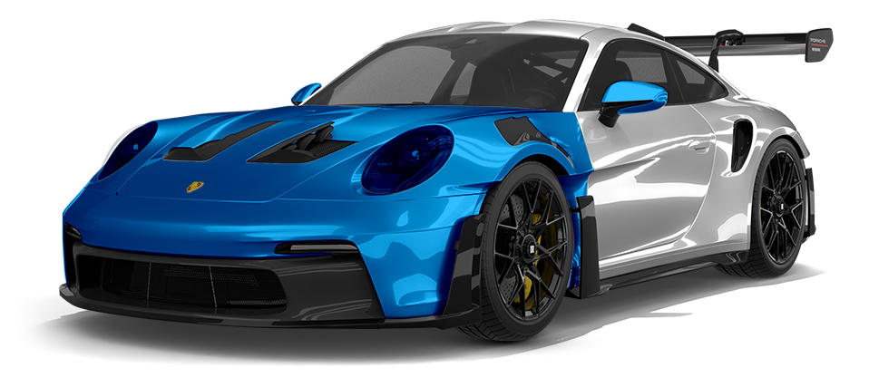 A blue porsche 911 is shown on a white background.