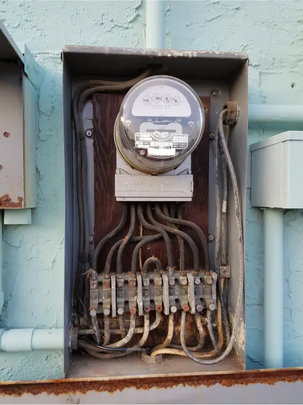 Open electrical meter box with wiring and circuit breakers mounted on a light blue exterior wall