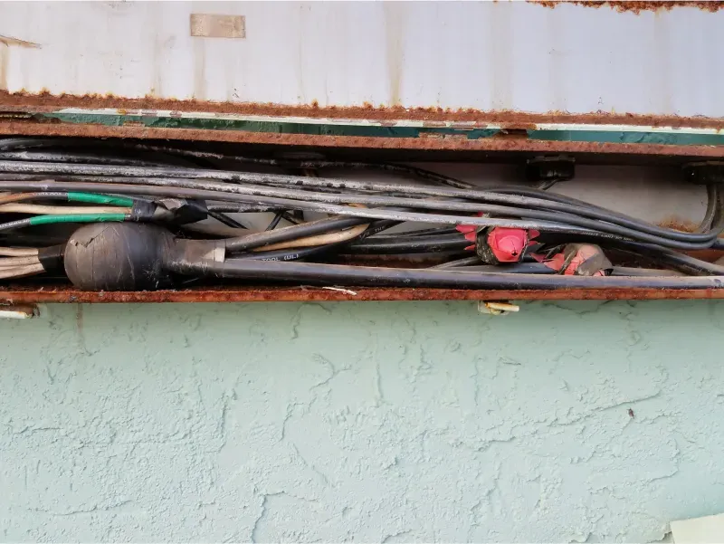 Rusty metal wall panel with a narrow opening revealing tangled cables and a red valve.