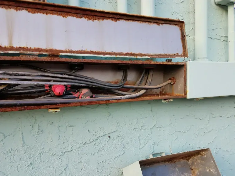 Rusty exposed electrical wiring in a damaged wall opening beneath a metal panel.
