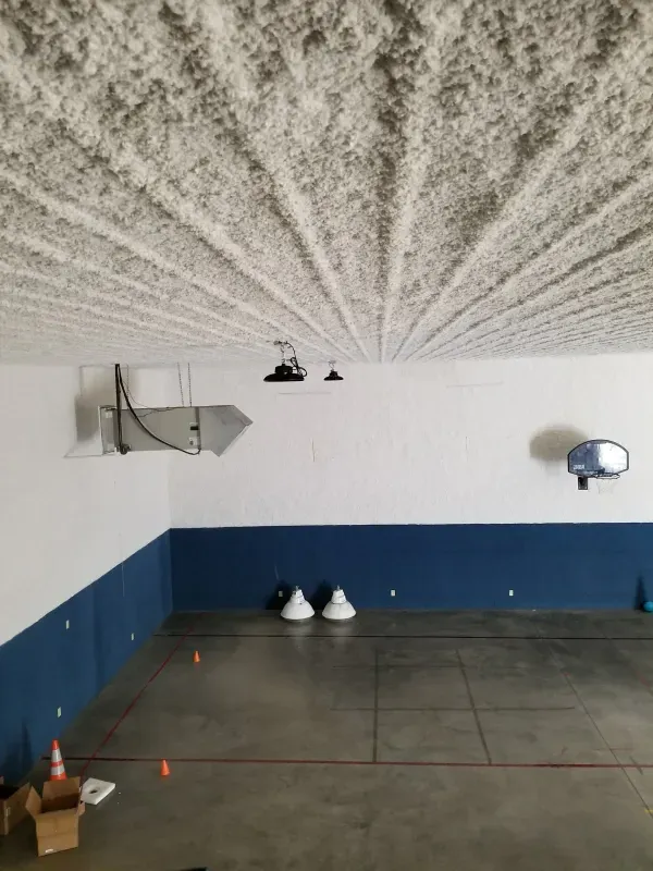 Indoor gym with blue-and-white walls, textured ceiling, and three white cones on the floor.