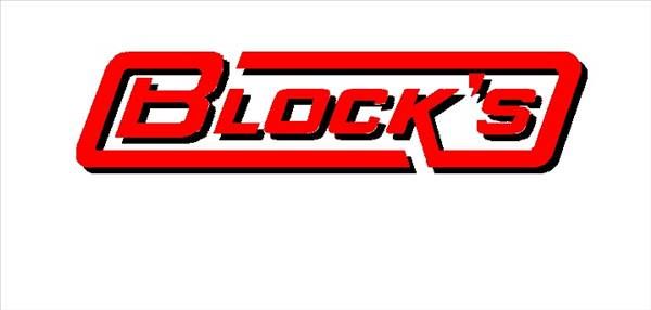 Block&rsquo;s logo in bold red and black lettering on a white background