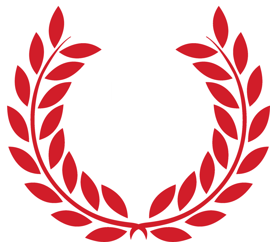 A red circular laurel wreath icon centered on a white background.