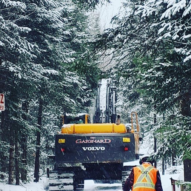 Une pelleteuse Volvo jaune se déplace dans une forêt enneigée, suivie d'une personne portant un gilet orange.