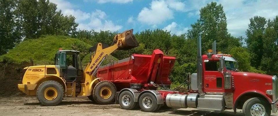 Une chargeuse frontale jaune charge un camion-benne rouge avec des matériaux, des arbres et le ciel en arrière-plan.