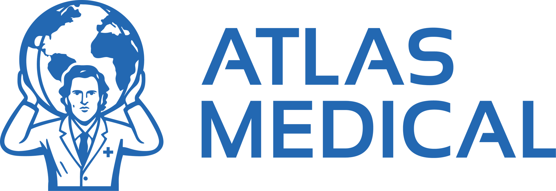 Atlas Medical logo with blue doctor-and-globe icon and blue text on white background