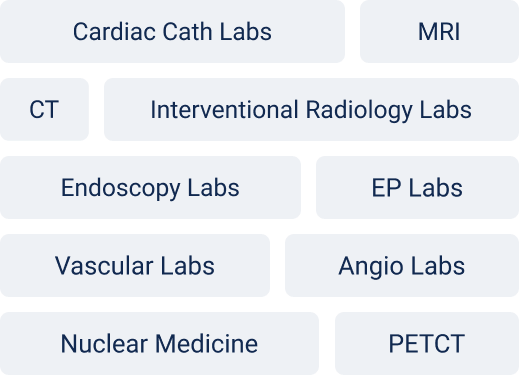 Menu of hospital imaging and lab options in rounded gray buttons, including CT, MRI, and Nuclear Medicine.