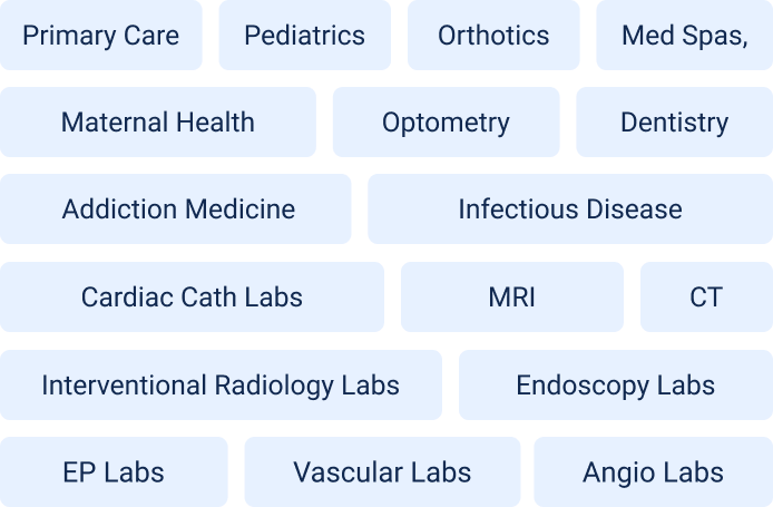 Menu of medical specialty buttons, including Primary Care, Pediatrics, Orthotics, MRI, CT, and lab services.