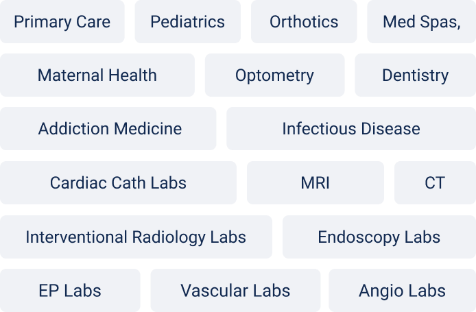 Healthcare specialty buttons on a light interface, including Primary Care, Pediatrics, MRI, CT, and Dentistry