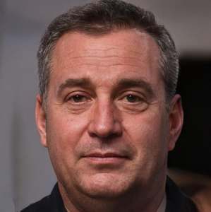 Close-up portrait of a man with short gray hair and a neutral expression against a blurred background