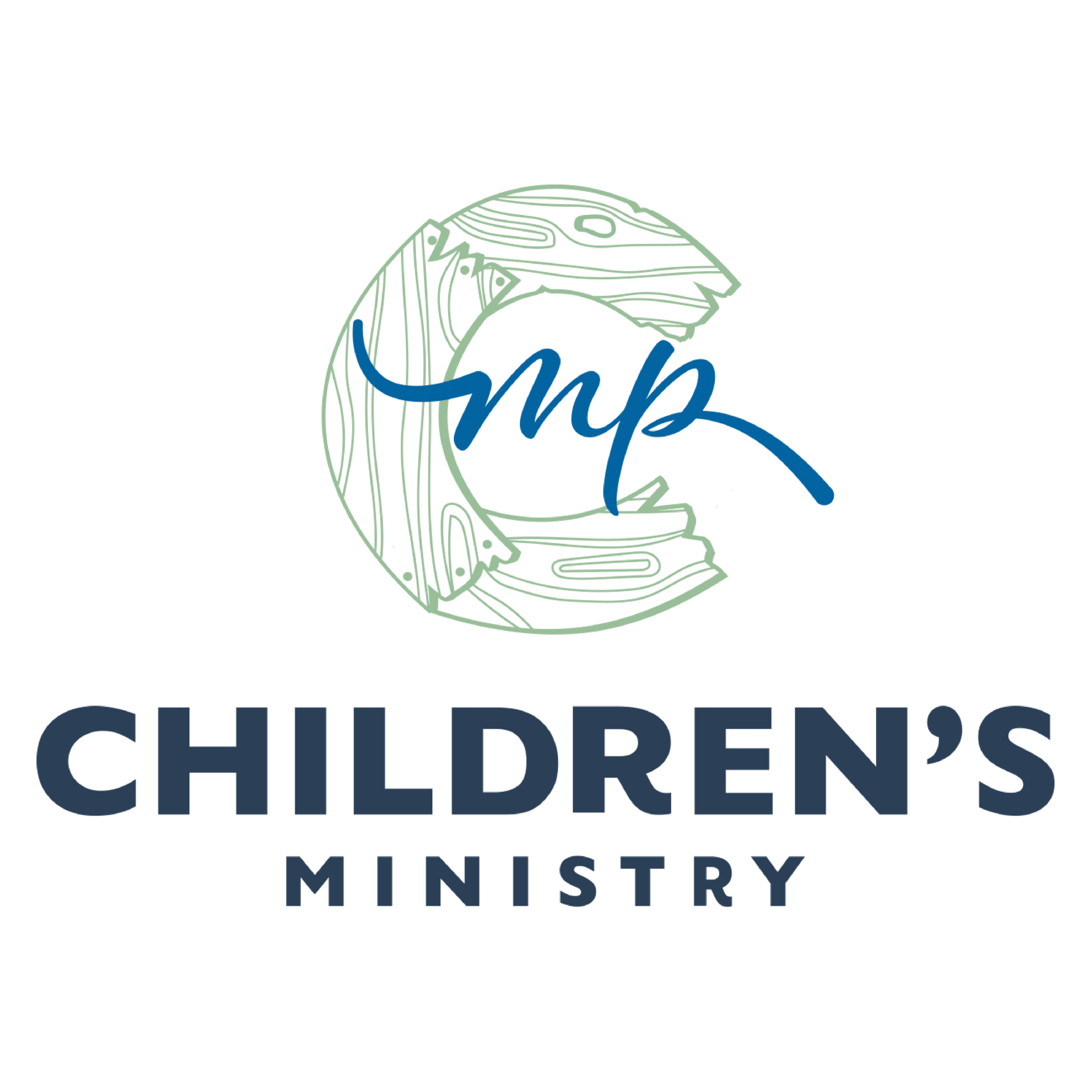 Logo for Children's Ministry with a wooden C shape, blue 