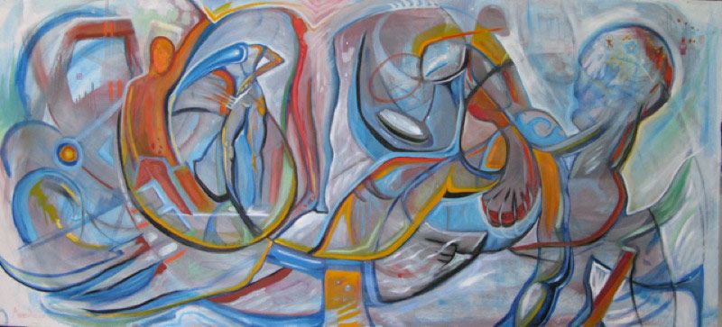 Abstract painting with figures in blue, orange, and gray. Lines and shapes create a sense of movement.
