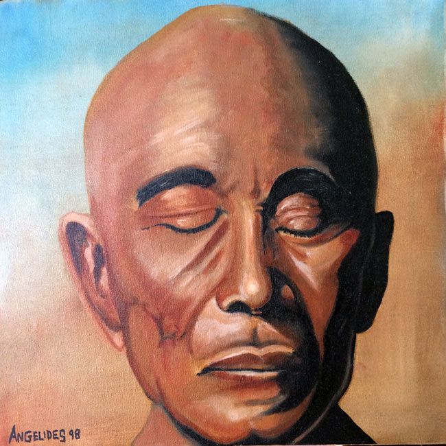 A painting of a bald man with closed eyes, deep wrinkles, and dark shadows. Earthy tones are used throughout.