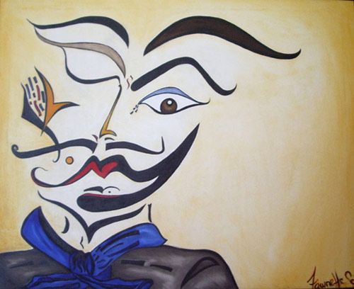 Abstract portrait with a brown eye, a dark mustache, and a blue scarf.