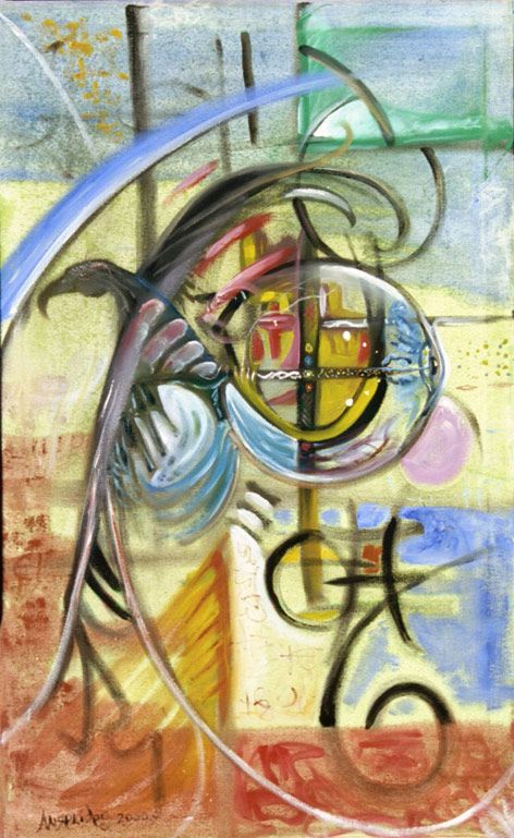 Abstract painting: swirling lines, sphere reflecting buildings, earth tones, blue arcs.