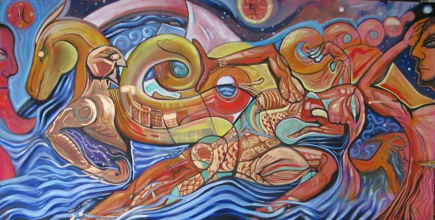 Mural of stylized figures and a horse-like creature. Swirling blues, reds, and golds. Cosmic background.