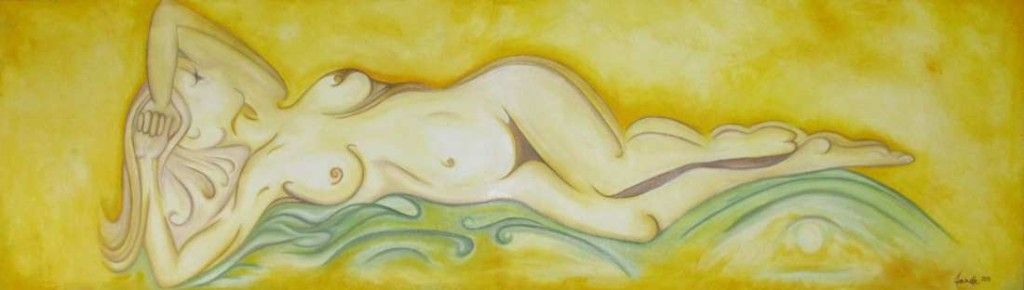 A nude woman reclines on green, wavy forms against a yellow background.