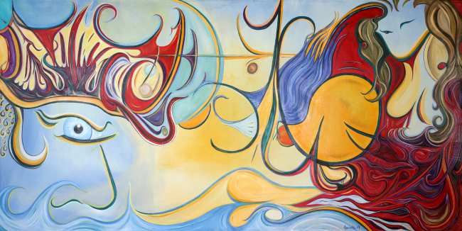 Abstract painting with figures, swirls, and vibrant colors like red, blue, yellow, and orange.