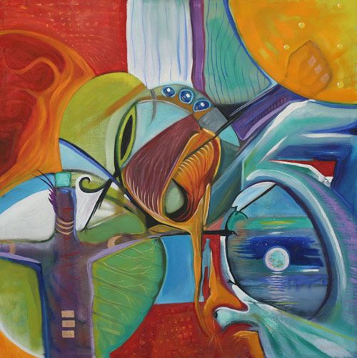 Abstract painting with geometric shapes, figures, and vibrant colors: red, orange, green, blue, and yellow.