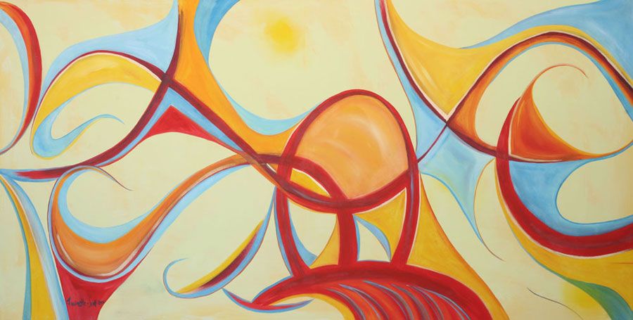 Abstract painting with flowing shapes in yellow, orange, red, and blue on a cream background.