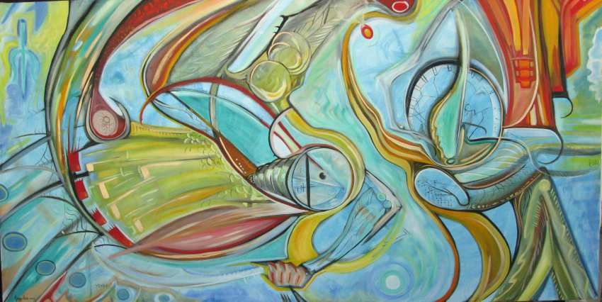 Abstract painting, blues, greens, reds. Spiraling, organic shapes, possibly depicting figures, in fluid composition.