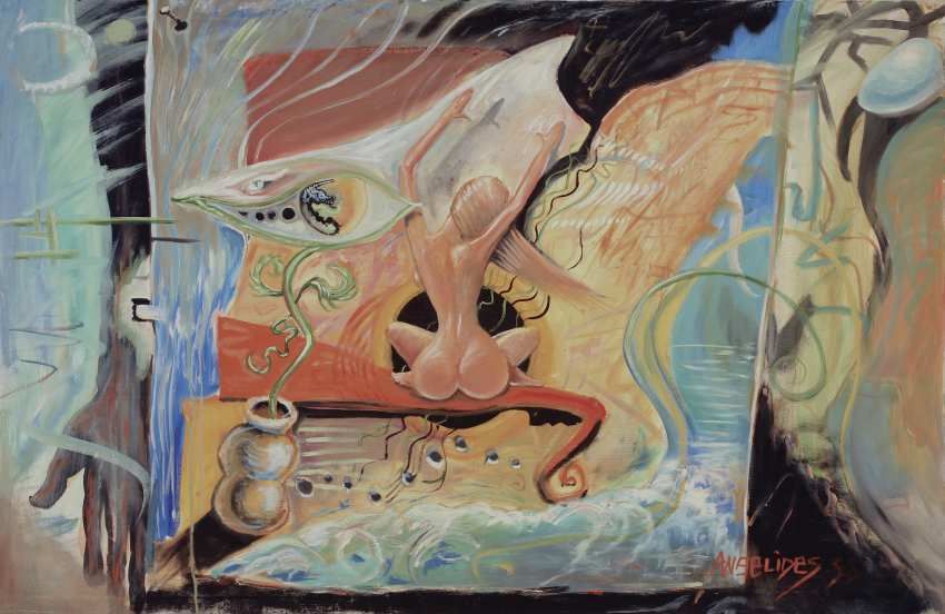 Abstract pastel painting with a nude figure, eye, and swirling forms.