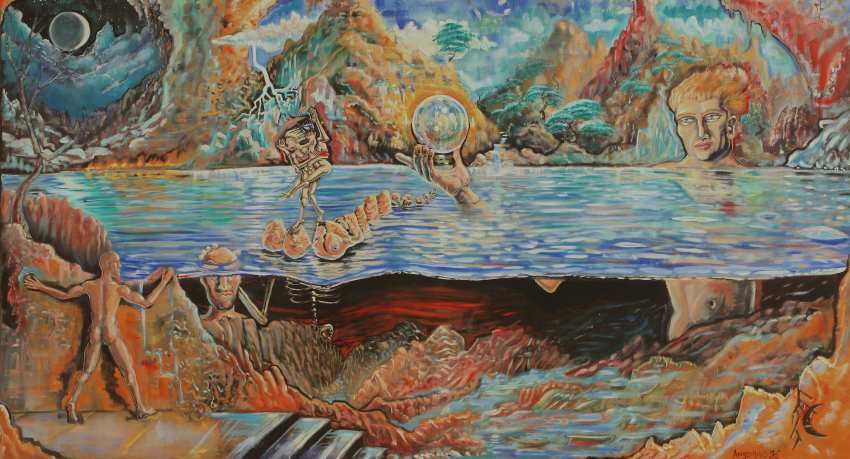 Surreal landscape with a lake, figures, mountains, and a glowing orb. Greek Mythology.
