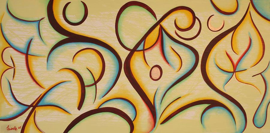 Abstract artwork with flowing brown lines, curves, and swirls in shades of yellow, blue, and orange.