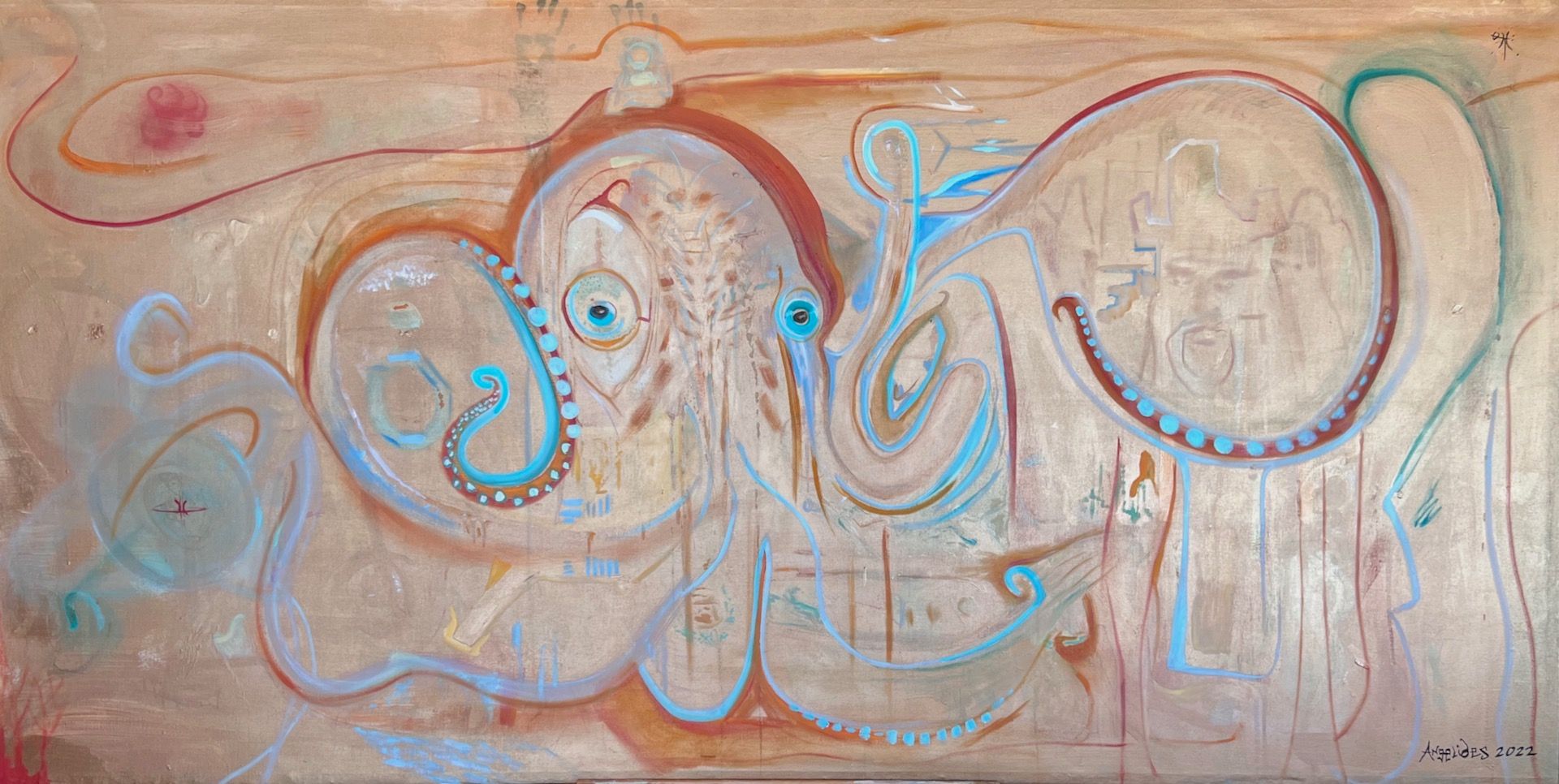 Abstract painting of a light tan elephant with blue and red accents.