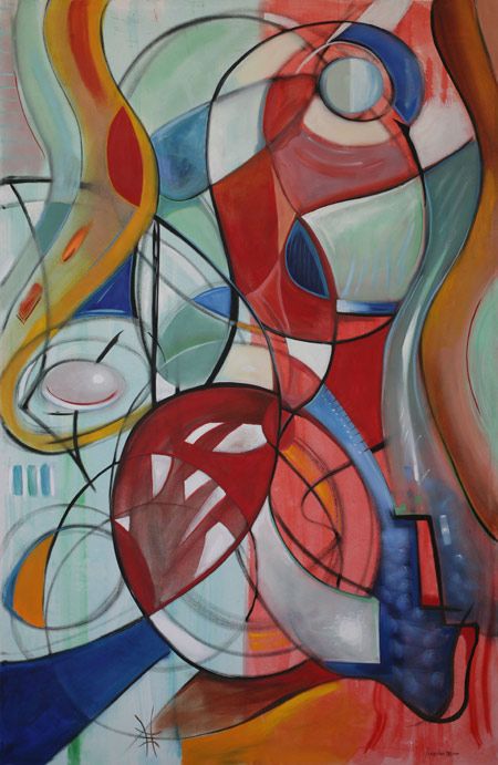 Abstract painting with curved shapes, red, blue, and yellow colors.