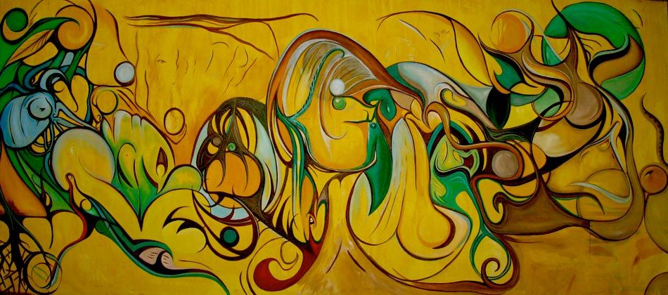 Abstract painting in yellow, green, and brown with flowing shapes and circular elements.