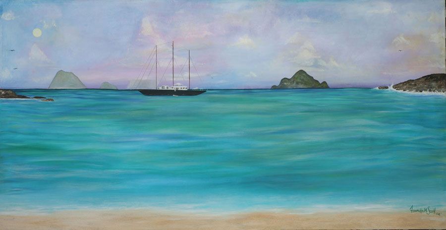Sailboat on turquoise water, two islands in the distance, under a pale, cloudy sky.