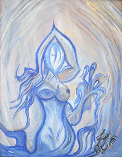 Blue ethereal female figure with raised arms, surrounded by light.