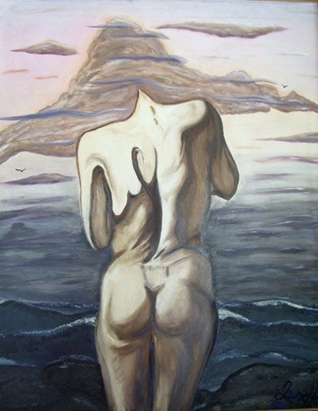 Nude figure facing away, standing in front of a body of water, with a cloudy sky in the background.