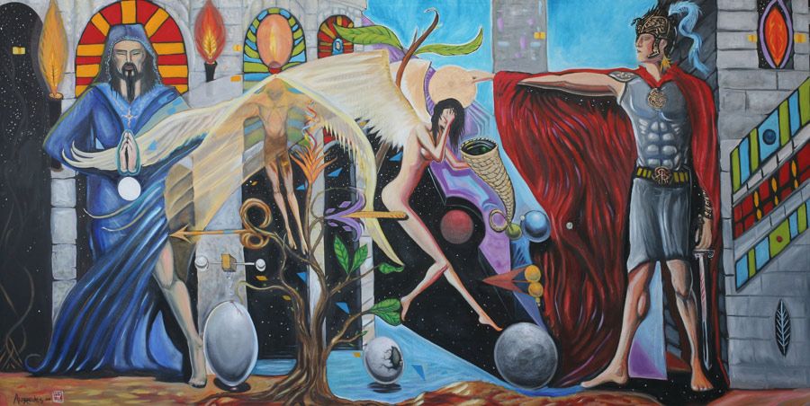 A surreal painting depicting figures in a celestial and earthly setting.