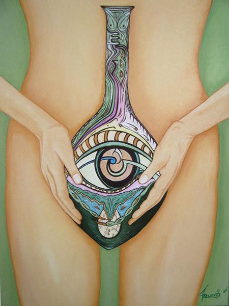 Woman holding an ornate bottle-shaped object with an eye design over her genitals, green background.