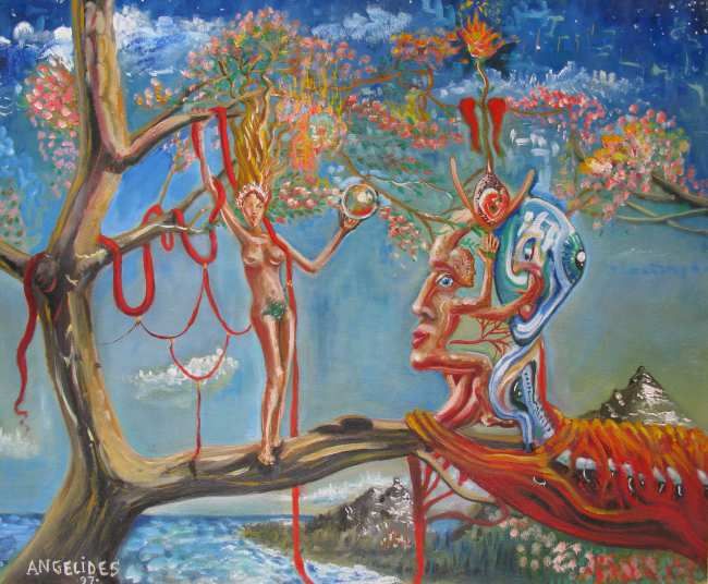 Woman offering orb to a giant head, surreal scene with tree, ocean, and mountains, vibrant colors.