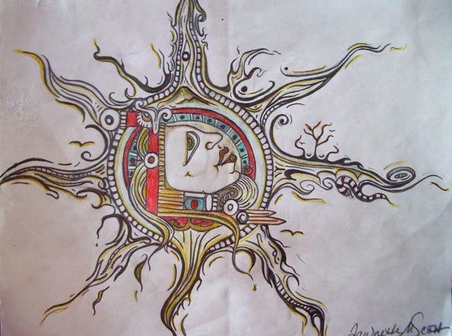 Sun-like drawing with face in the center. Gold and black lines with red and blue details.