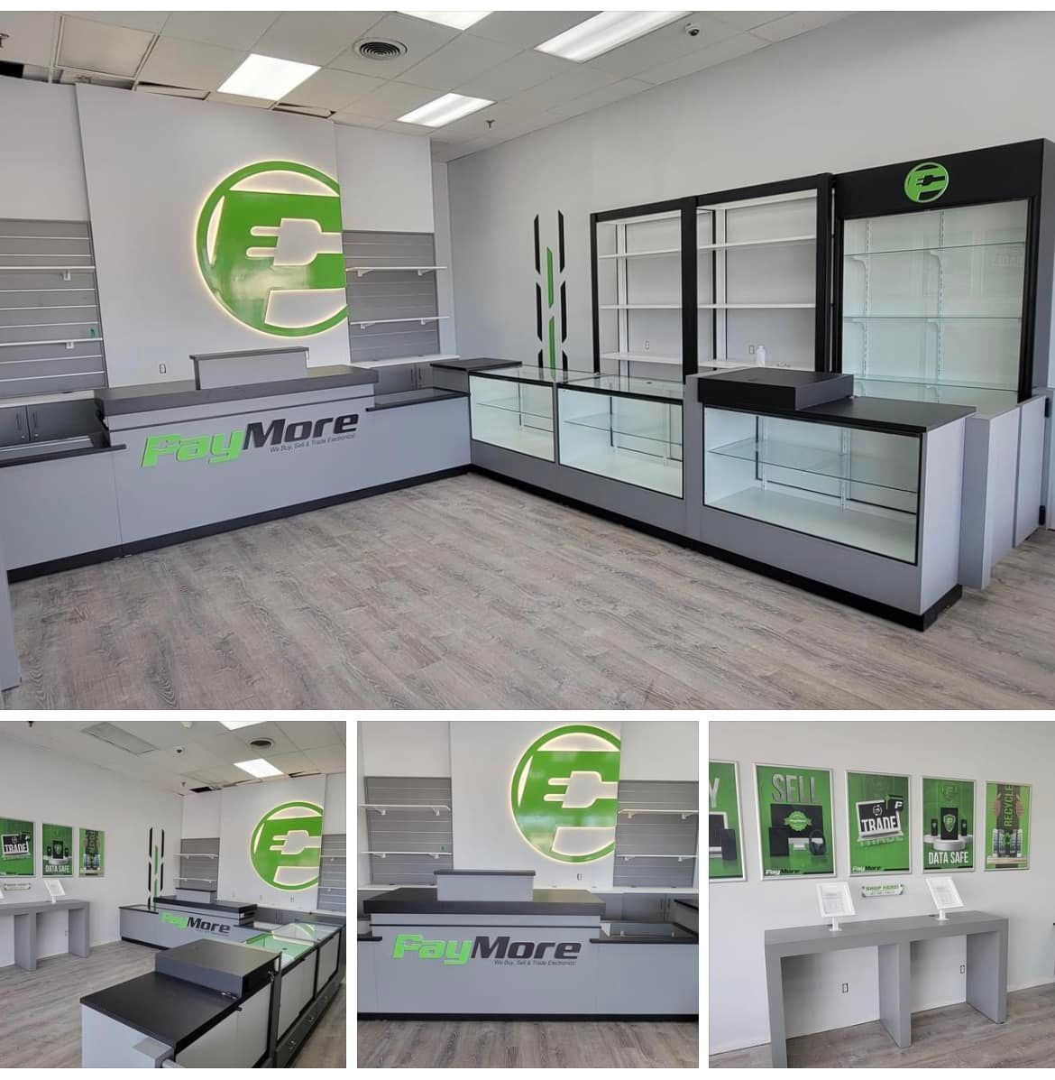 A collage of photos of a store that says pay more