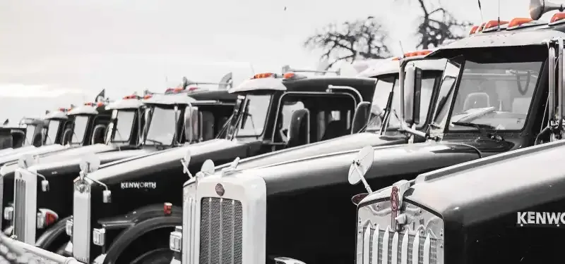Row of white and black semi-trucks parked in a lot, front grilles facing the camera