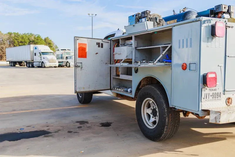 Open utility truck with compartments parked in a lot, side door open