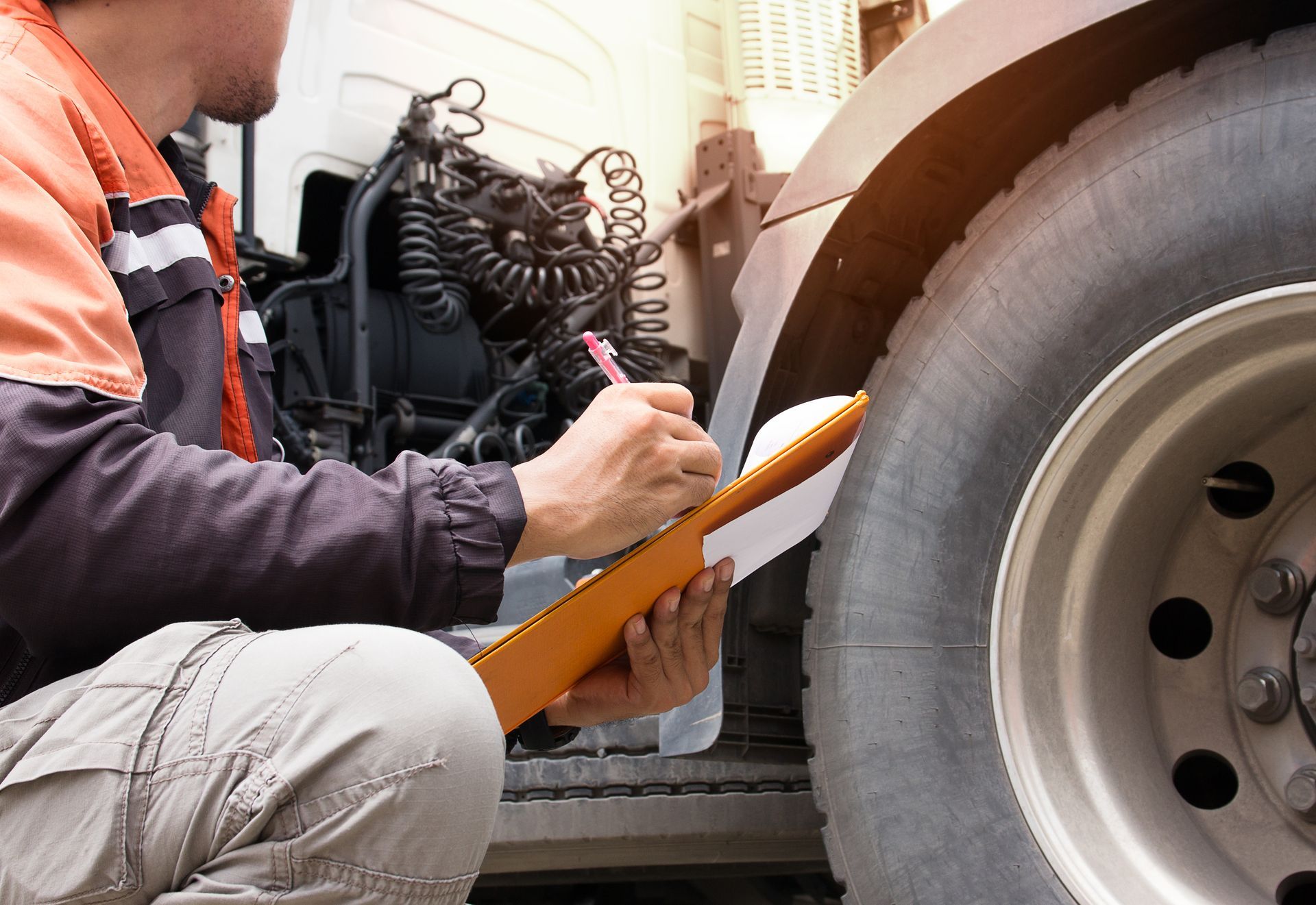 Mechanic kneeling beside a truck, inspecting the wheel with a clipboard and pen