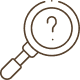 Magnifying glass with a question mark inside, in brown outline on a white background