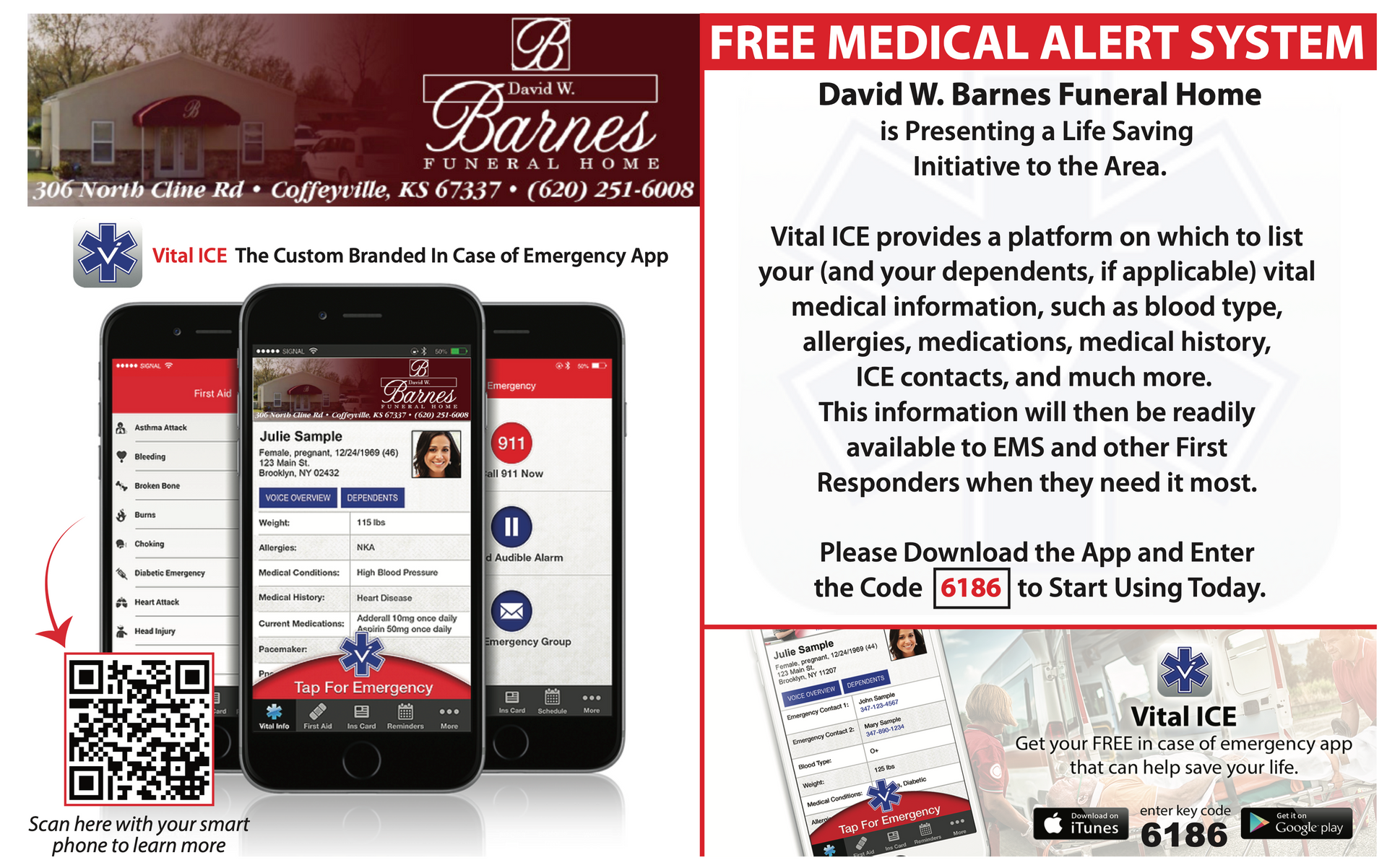 Barnes funeral home ad for free medical alert system, with phone mockups and red emergency banner