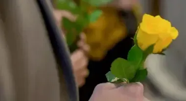 Hand holding a yellow rose at a blurred indoor gathering