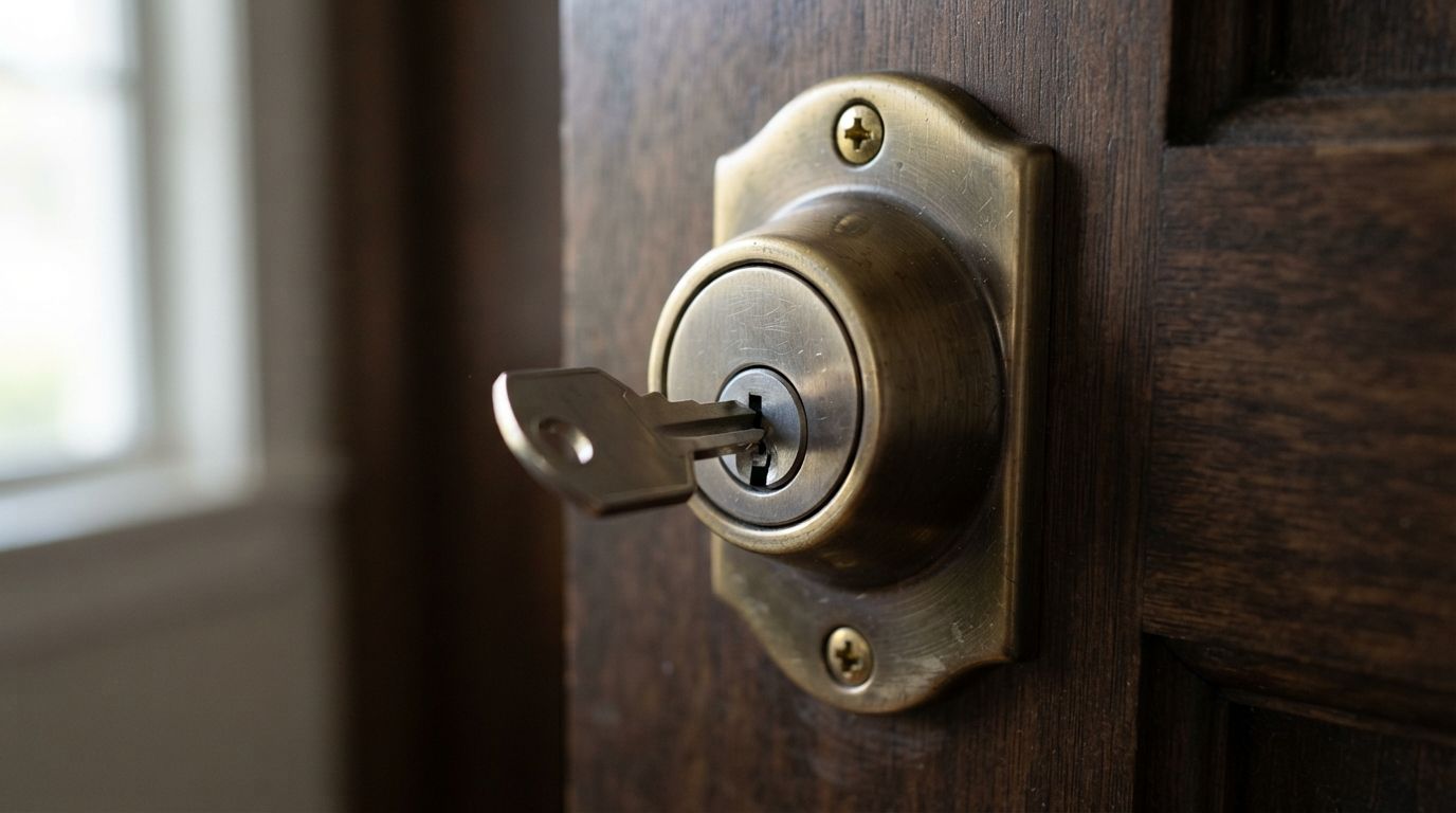 Close-up of a brass door lock and key on a dark wooden door with a bright window nearby