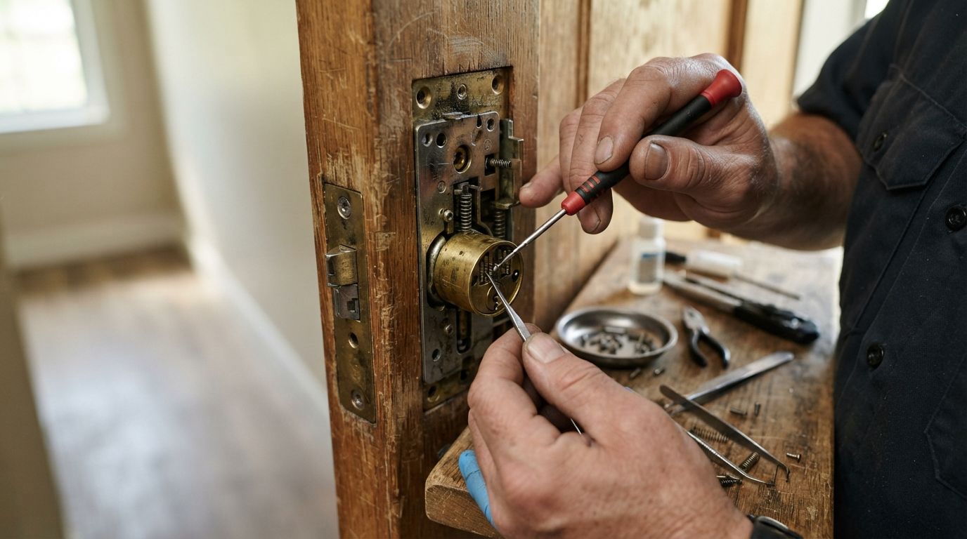 Hands using a screwdriver to repair an old brass door lock on a wooden door