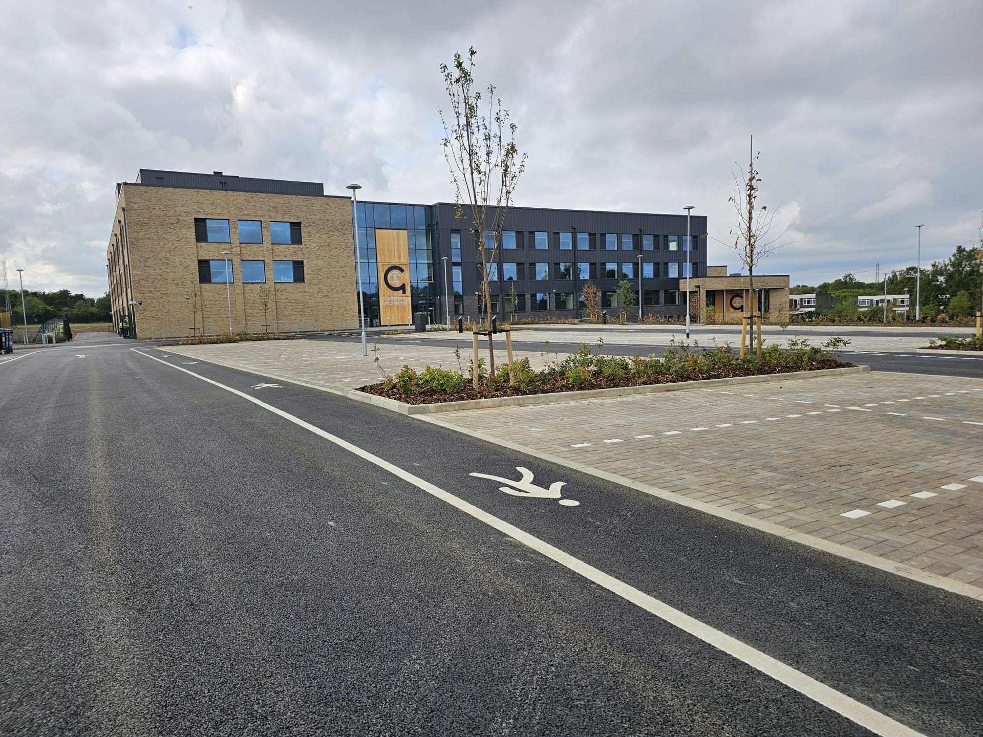 Completed exterior of Callerton Academy after final construction clean