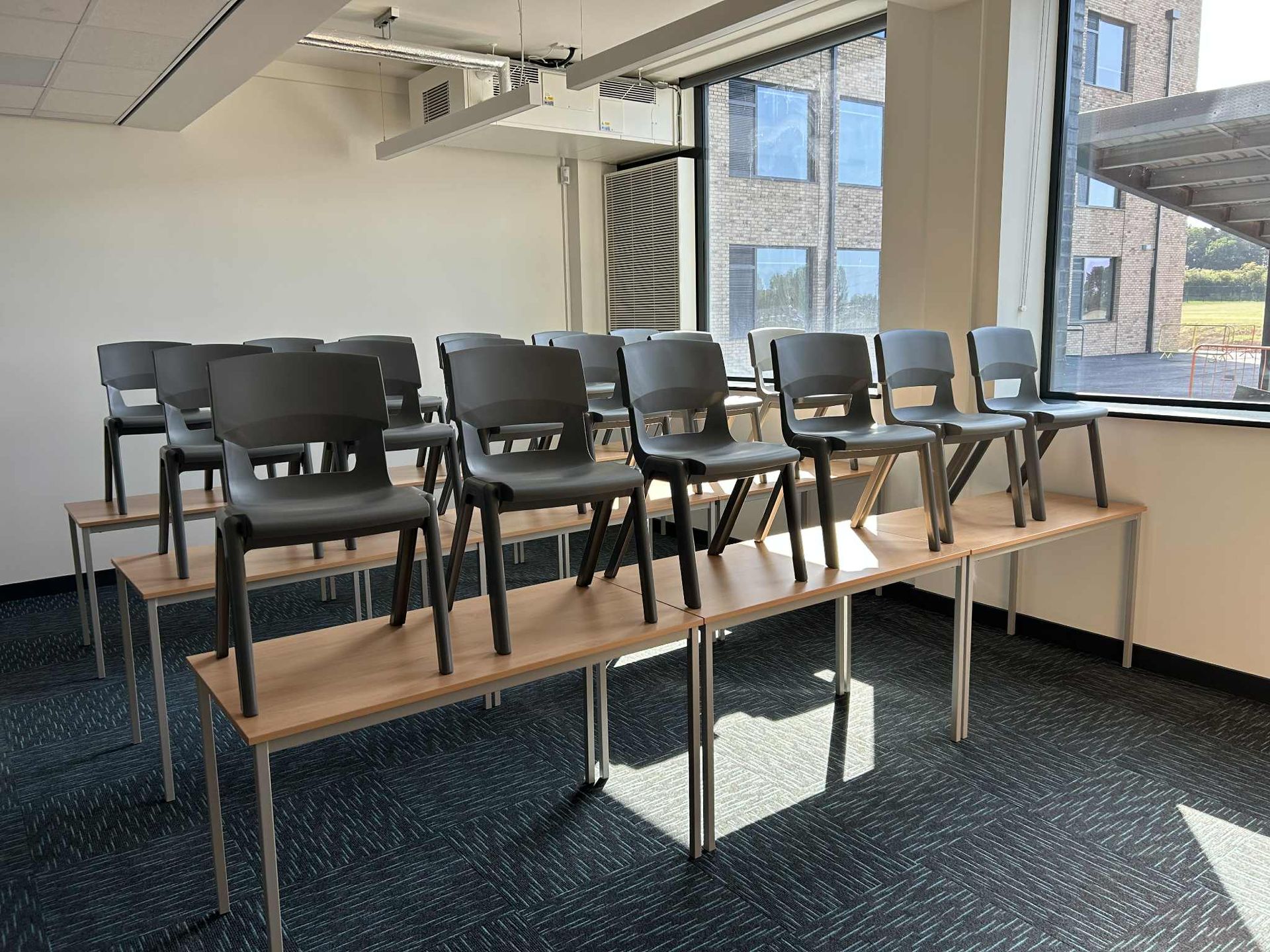 Clean classroom prepared for occupation after construction cleaning