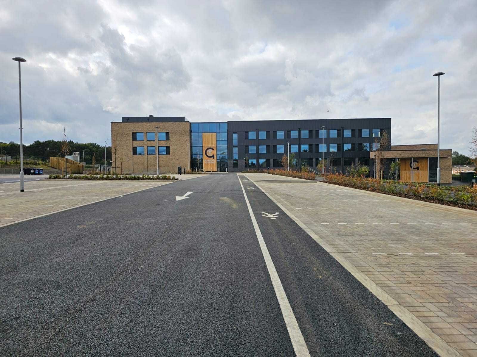 Front entrance of Callerton Academy following final construction clean